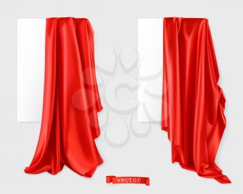 Red curtain vectorized image. Drapery fabric. 3d realistic vector