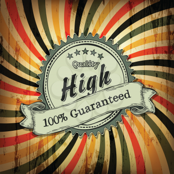 Vintage label with sample text on colorful rays aged background. Vector, EPS 10.