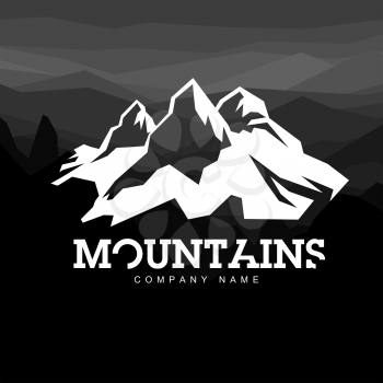 Mountain line art icon, outline vector logo illustration, linear pictogram isolated on black. With thin line alphabet for your headline. On mountains monochrome background.