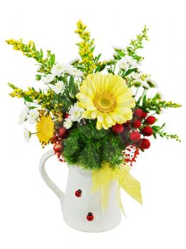 Colorful bouquet from gerberas in vase isolated on white background. Closeup.