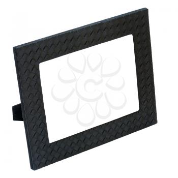 Decorative black leather photo frame isolated on white background. Closeup.