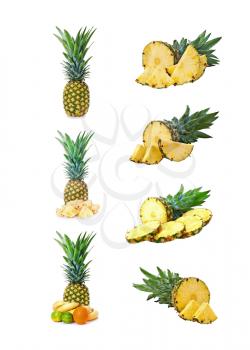 Set of pineapple fruits with cut isolated on white background.