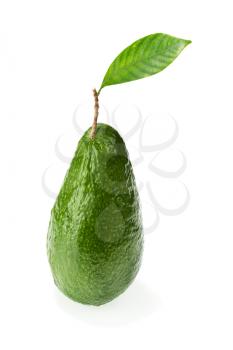 Ripe Green Avocado with Leaves Isolated on White Background. Closeup.