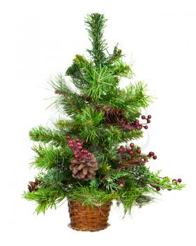 Green Decorated Christmas Tree Isolated on White Background. Closeup.