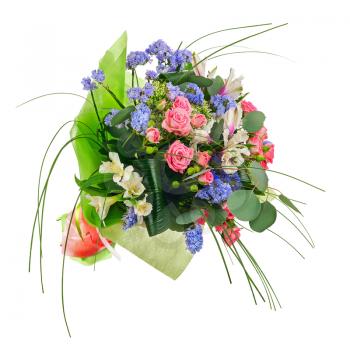 Flower bouquet from multi colored roses, lilies and other flowers isolated on white background.