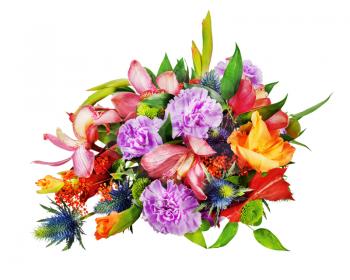 Colorful floral bouquet of roses, cloves and orchids isolated on white background.