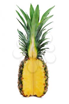 Ripe whole pineapple with a quarter cut isolated on white background.