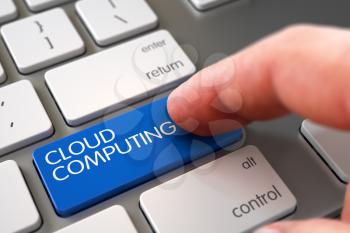 Close Up view of Male Hand Touching Cloud Computing Computer Button. Cloud Computing - Modern Keyboard Button. Computer User Presses Cloud Computing Blue Button. 3D.