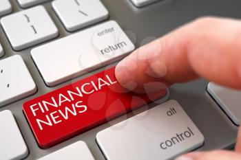 Close Up view of Male Hand Touching Red Financial News Computer Keypad. 3D Illustration.
