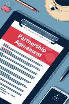 Partnership Agreement Concept with Clipboard, Modern Smartphone, Ball Pen and Glasses. Flat Lay, Top View. Vector Halftone Isometric Illustration.