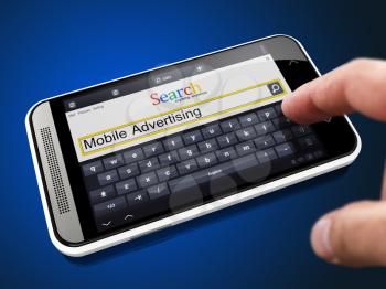 Searching of Mobile Advertising in Internet Using Mobile Phone Isolated on Blue Background.