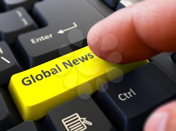 Person Click on Yellow Keyboard Button with Text Global News. Selective Focus. Closeup View.