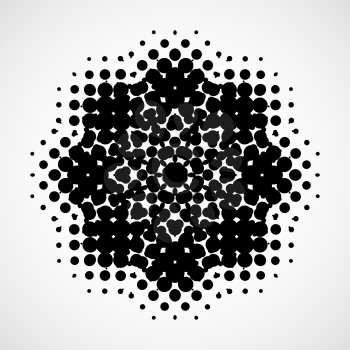 Halftone snowflake. Abstract black and white isolated modern design element