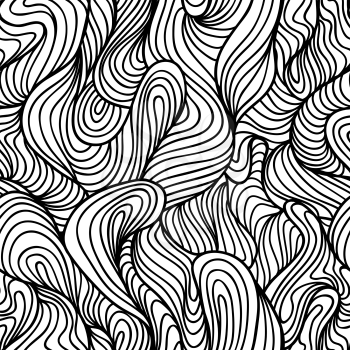 Seamless abstract black and white dark hand drawn pattern, waves background.