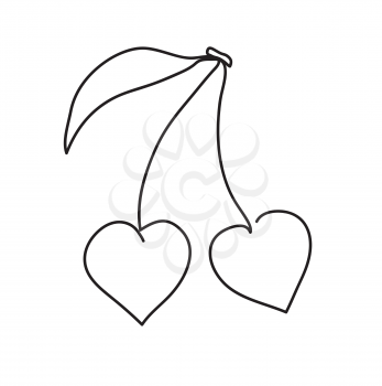 Pair of cherries like two loving hearts. Continuous line art drawing. Couple of hearts symbolize love. Vector illustration