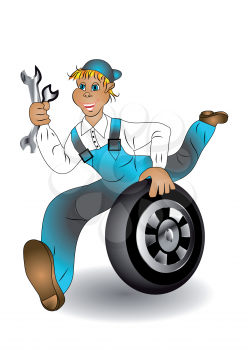 the mechanic is running for help with wrench and a wheel