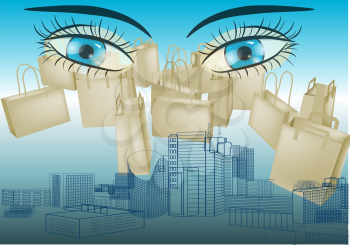 Royalty Free Clipart Image of Eyes, Shopping Bags and a Cityscape
