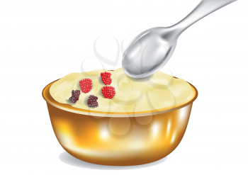 custard with spoon isolated on white background