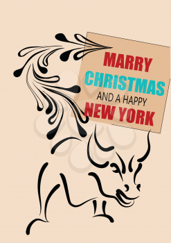 new york christmas. bull and abstract christmas tree with inscription