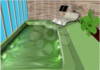 indoor swimming pool with bed and plant