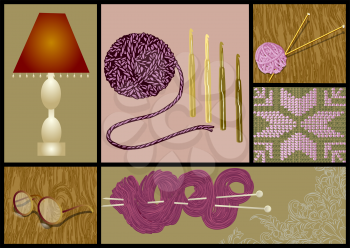needlework knitting set, lamp an glasses on wooden table