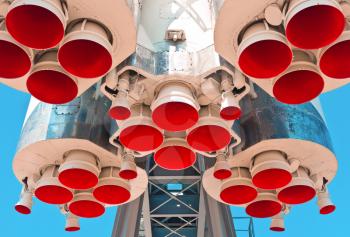 Space rocket engine on blue sky background, Moscow, Russia