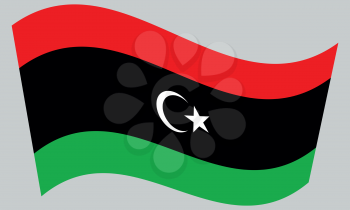 Libyan national official flag. African patriotic symbol, banner, element, background. Correct colors. Flag of Libya waving on gray background, vector