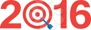 Blue vector dart on red bullseye target text 2016.