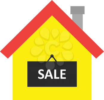 Vector red roofed yellow house icon with black sale sign.