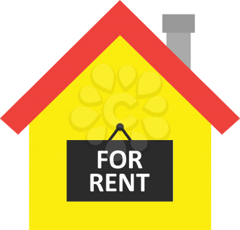 Vector red roofed yellow house icon with black for rent sign.