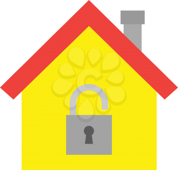 Vector red roofed yellow house icon with unlocked grey lock symbol
