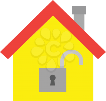 Vector red roofed yellow house icon with open grey lock symbol