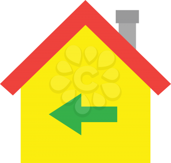 Vector red roofed yellow house icon with green arrow pointing left.