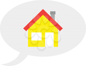 Yellow house icon inside grey speech bubble.