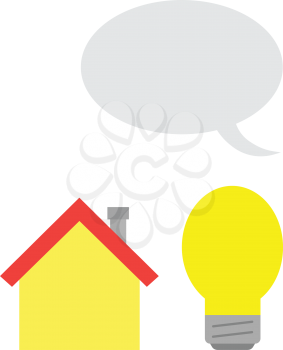 Vector yellow house and glowing light bulb with grey speech bubble.