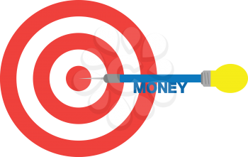 Vector red bullseye with blue dart with lightbulb and text money.