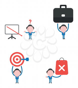 Vector illustration set of businessman mascot character with sales chart arrow moving down, holding up briefcase, bulls eye and dart in the center, holding shopping bag with x mark.