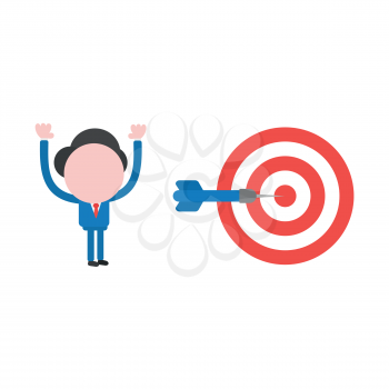 Vector cartoon illustration concept of faceless businessman mascot character with red and white bullseye and blue dart symbol icon and hit the mark.
