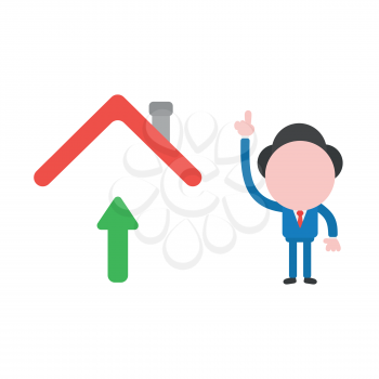 Vector illustration of faceless businessman character pointing up with arrow moving up under house roof.