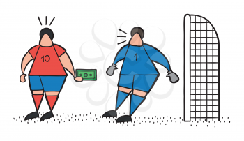 Vector illustration cartoon soccer player man offering bribe to goalkeeper.