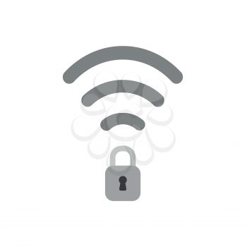 Flat design vector illustration concept of grey wifi wireless symbol icon with closed locked padlock on white background.