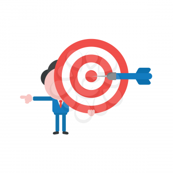 Vector illustration businessman character holding bulls eye with dart in the center and pointing.