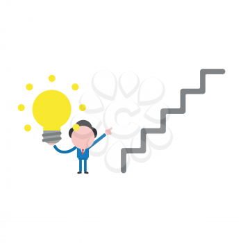 Vector illustration businessman character holding glowing light bulb and pointing top of stairs.