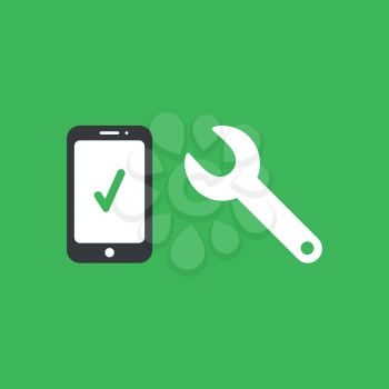 Flat vector icon concept of smartphone with check mark and spanner on green background.