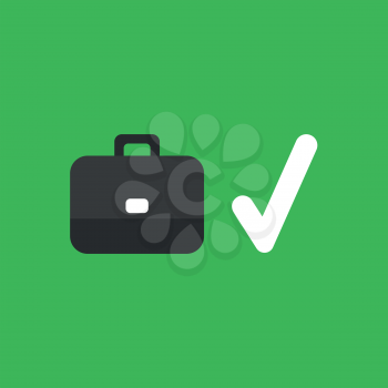 Flat vector icon concept of briefcase with check mark on green background.