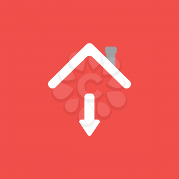 Flat vector icon concept of arrow moving down under house roof on red background.