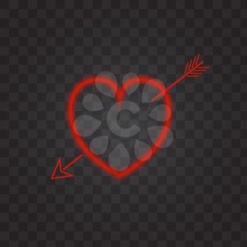 Neon heart with an arrow on a transparent background. Vector illustration .