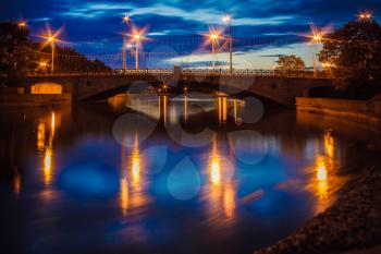 Night Bridge Over The River In Minsk Belarus