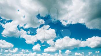 Panoramic view of blue sky background panorama texture with fluffy white clouds
