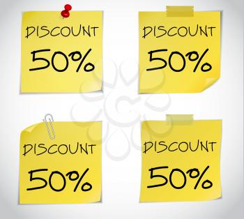 Discount text with numbers on yellow adhesive notes with pin isolated on white. Vector illustration